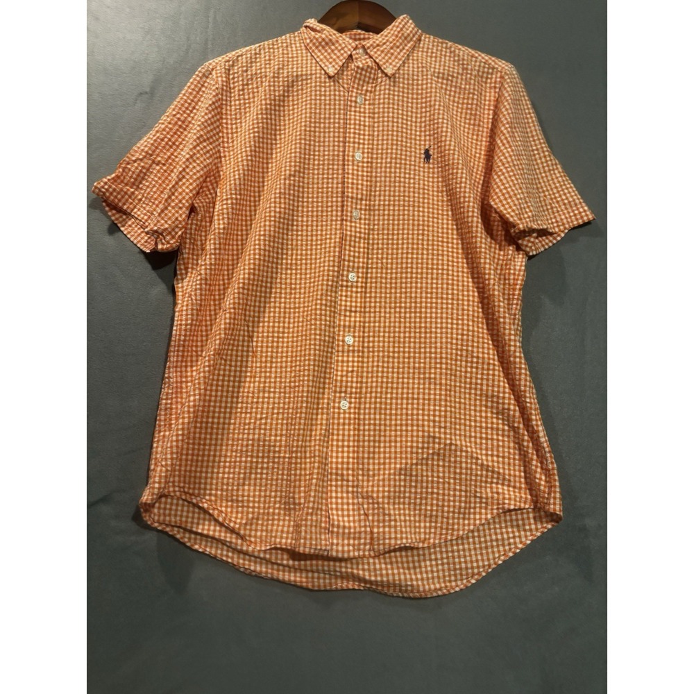 Ralph Lauren Men's M Orange White Gingham Checked Short Sleeve Shirt Button Down
